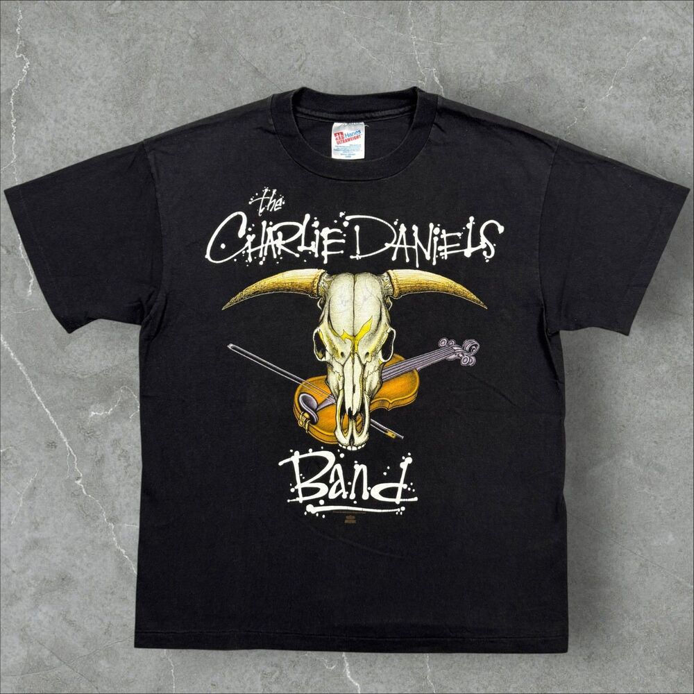 Vintage 90's Charlie Daniels Signed Autograph Cow Skull Fiddle Shirt - Large